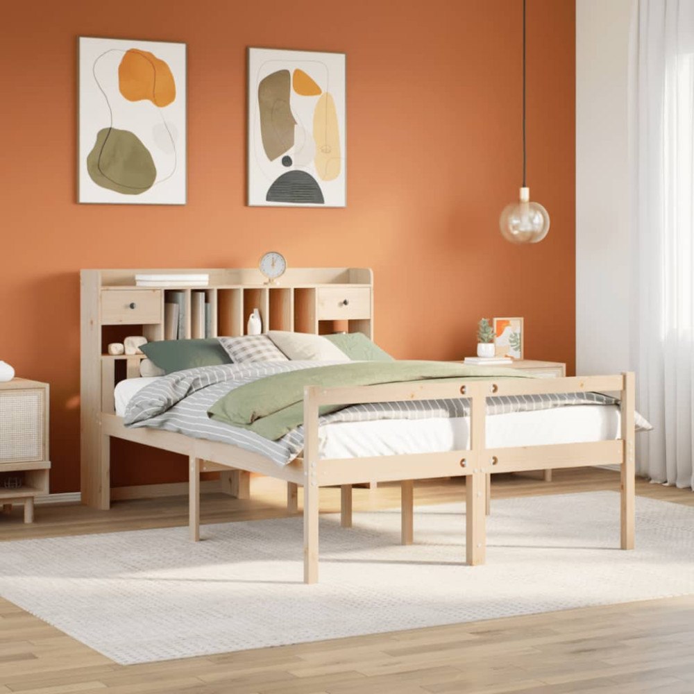 vidaXL Säng med bokhylla utan madrass 140x190cm massiv furu