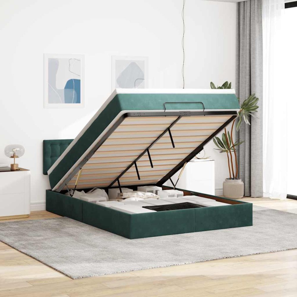 vidaXL Ottoman sängram med madrass mörkgrön 140x190 cm sammet