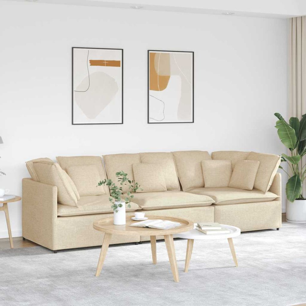 vidaXL Modulsoffa med kuddar i krämfärgat tyg