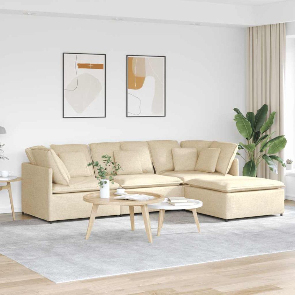 vidaXL Modulsoffa med fotpall och kuddar i krämfärgat tyg