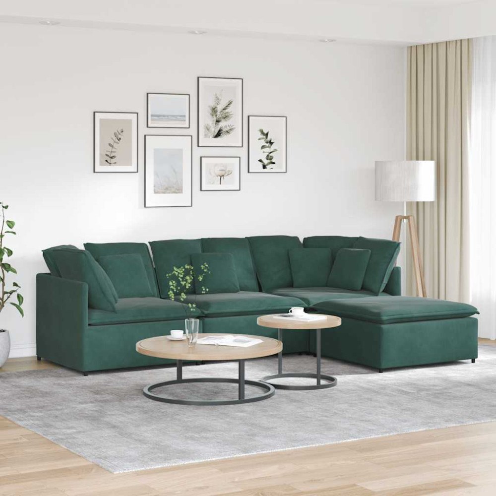 vidaXL Modulsoffa med fotpall och dynor sammet mörkgrön
