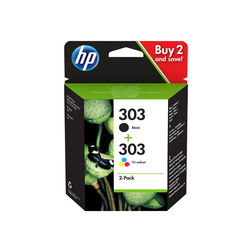 Hewlett-Packard HP 303 - 2-pack - svartfärgad, färg (cyan, magenta, gul) - original - bläckpatron