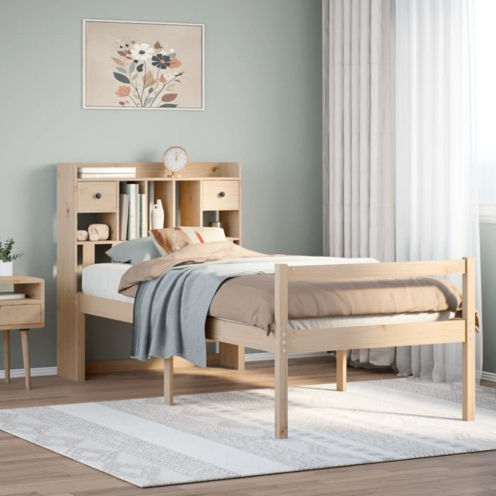 vidaXL Säng med bokhylla utan madrass 90x200cm massiv furu