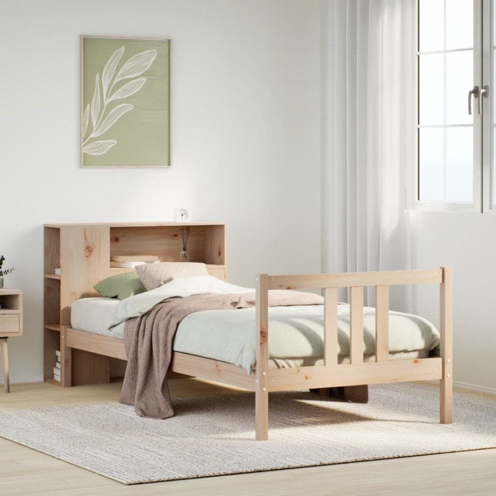 vidaXL Säng med bokhylla utan madrass 75x190cm massiv furu