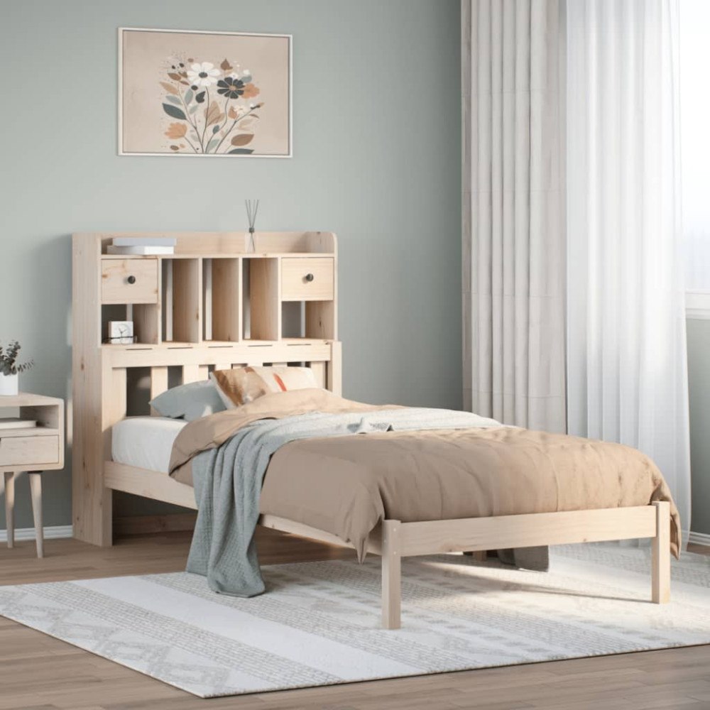 vidaXL Säng med bokhylla utan madrass 75x190cm massiv furu
