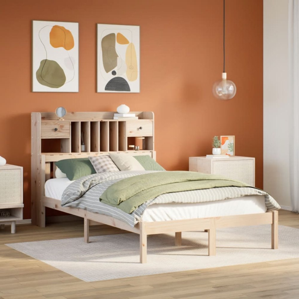 vidaXL Säng med bokhylla utan madrass 135x190cm massiv furu