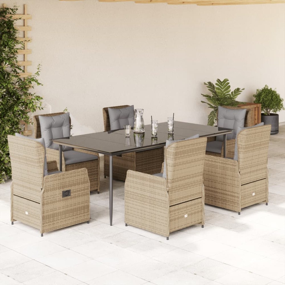 vidaXL Matgrupp för trädgården med dynor 7 delar beige konstrotting