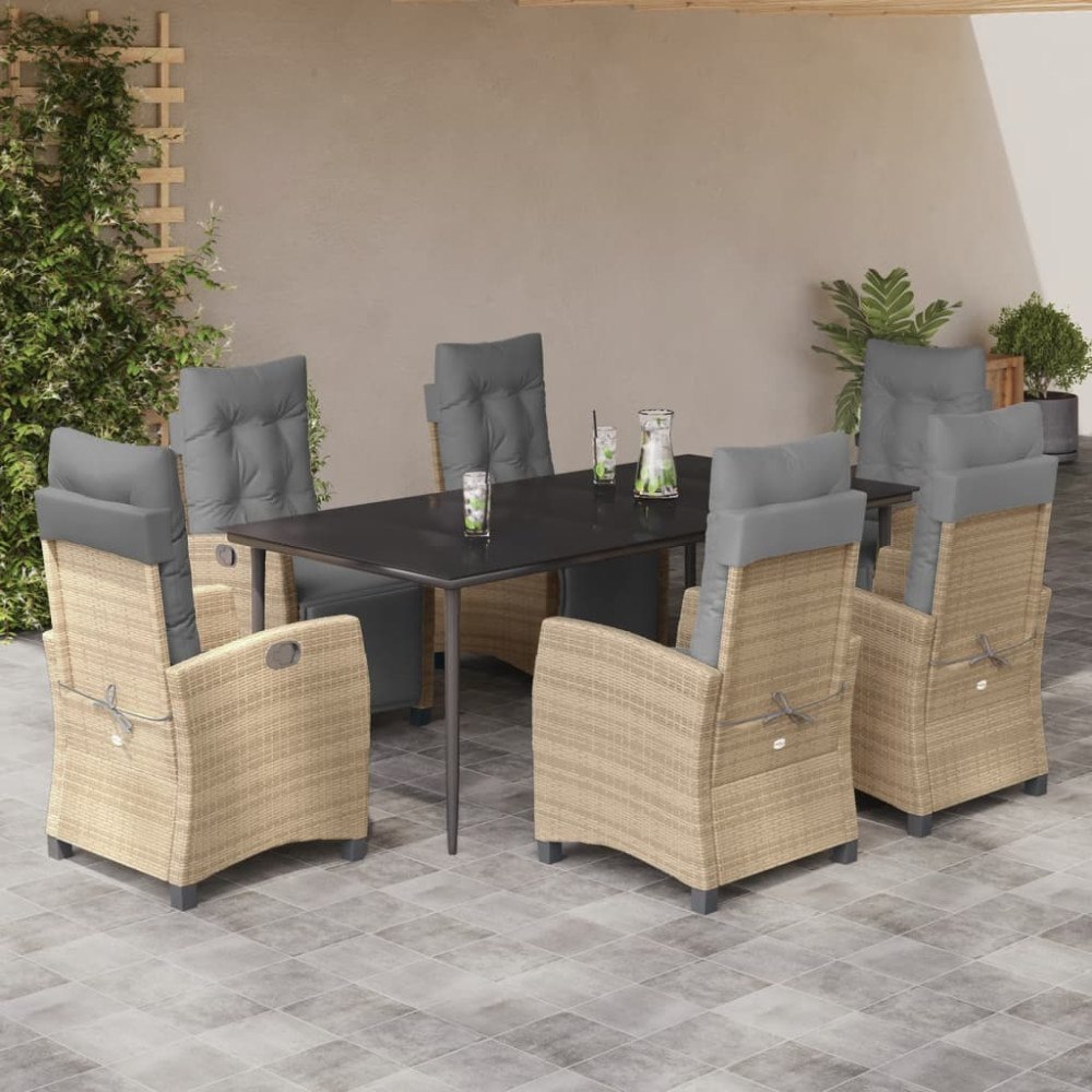 vidaXL Matgrupp för trädgården med dynor 7 delar mixbeige konstrotting