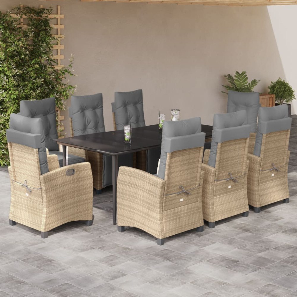 vidaXL Matgrupp för trädgården med dynor 9 delar mixbeige konstrotting