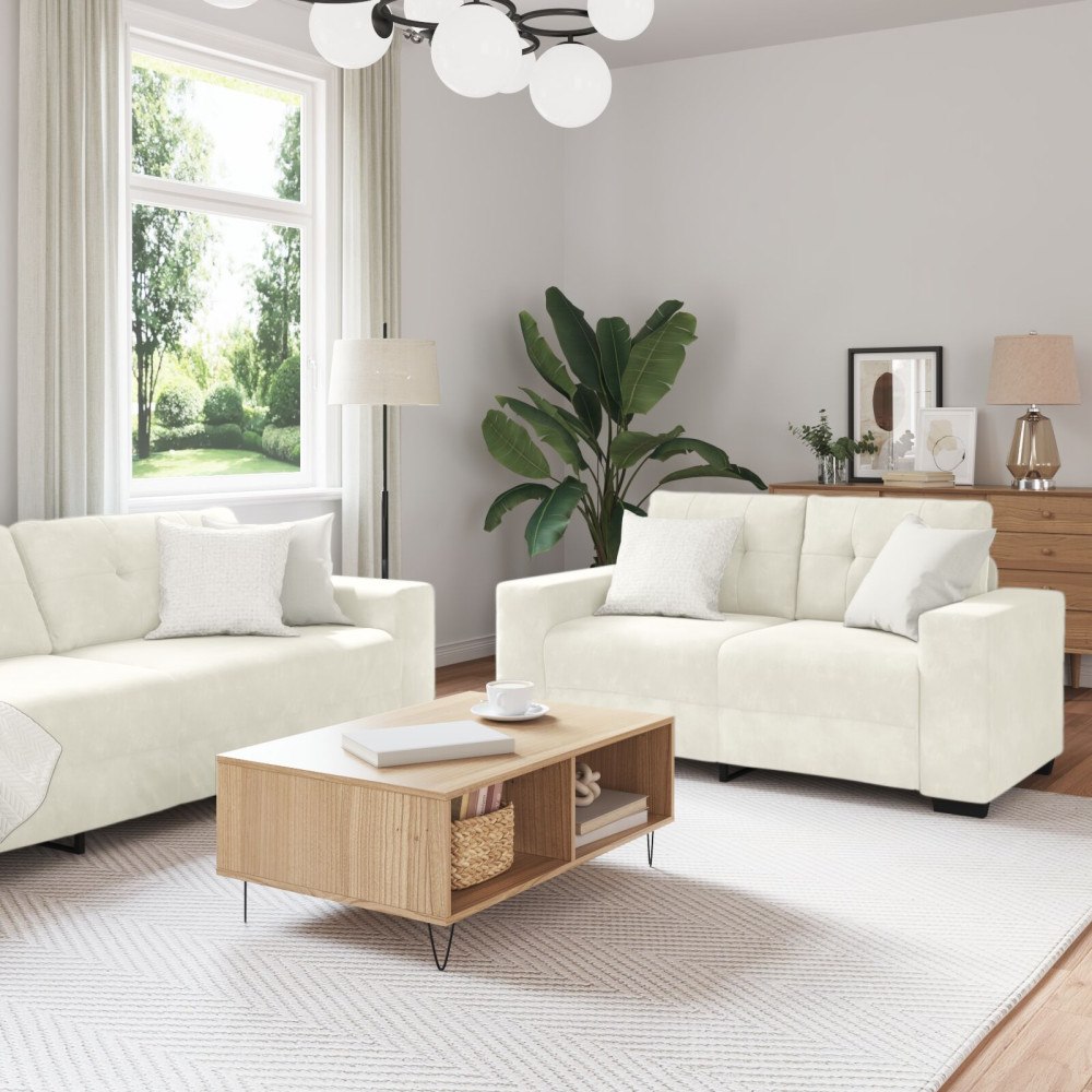 vidaXL 2-delars soffa med kuddar i krämfärgad sammet
