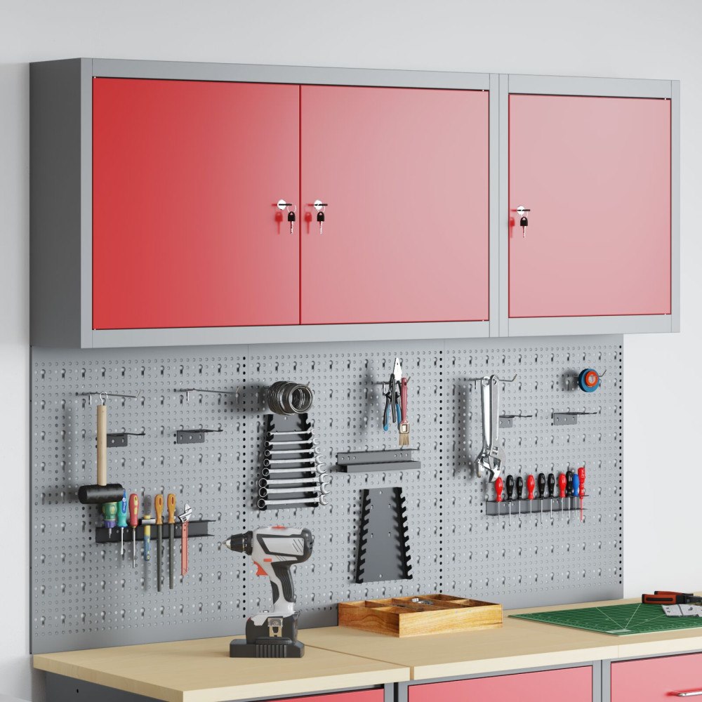 vidaXL 5-delars Verktygsskåp och Pegboard Set Väggmonterat Röd Metall