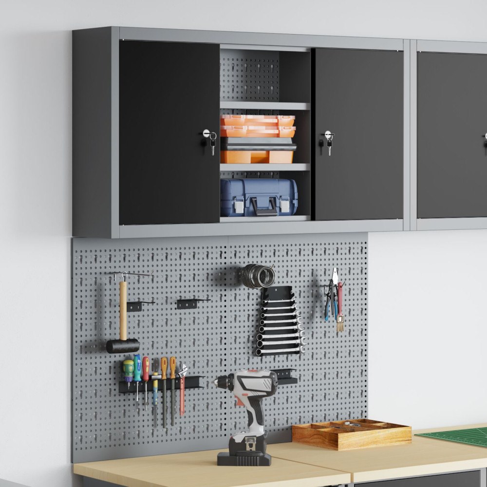 vidaXL 3 Delars Verktygsskåp och Pegboard Set Vägghängt Svart Metall