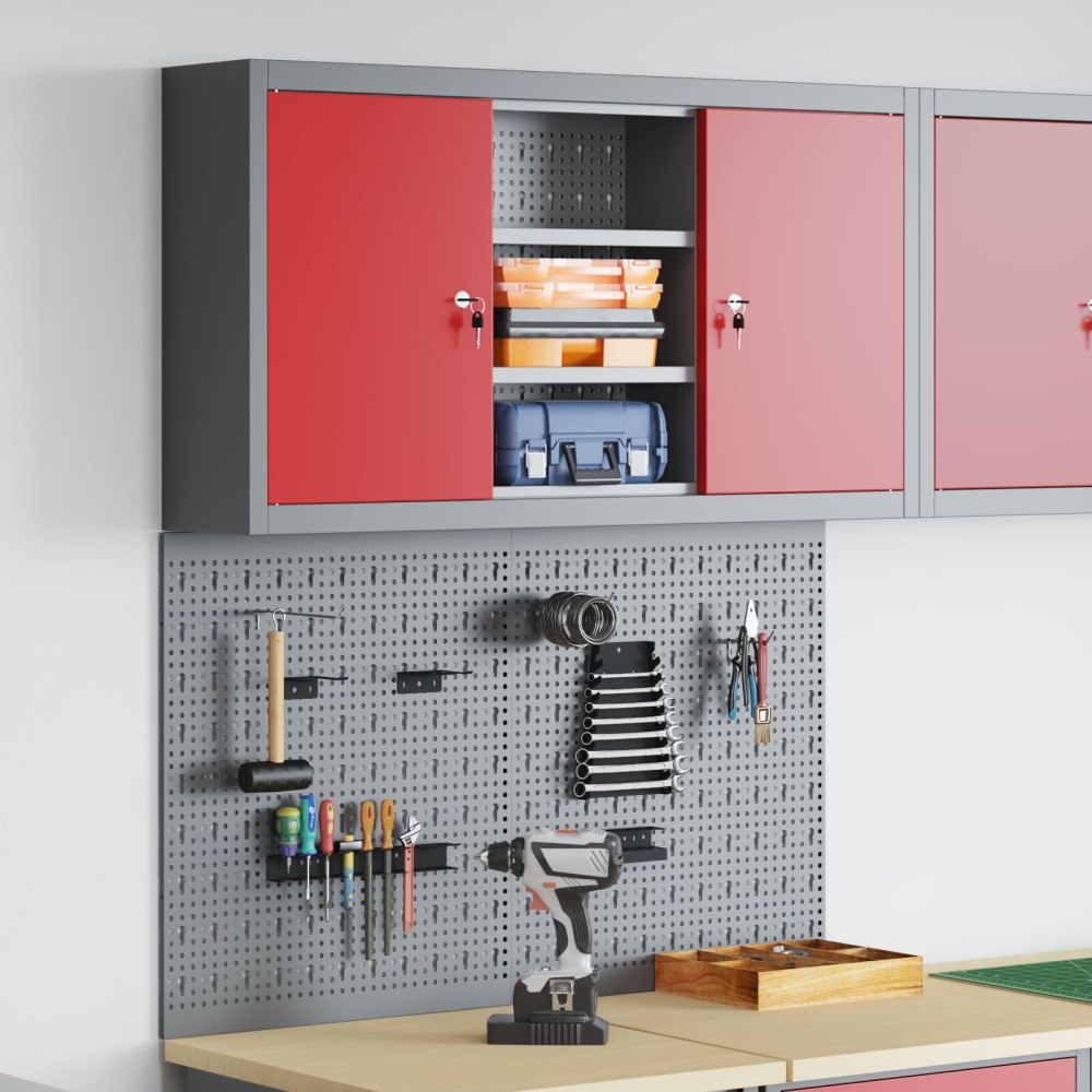 vidaXL 3-delars verktygsskåp och pegboard-set väggmonterat röd metall