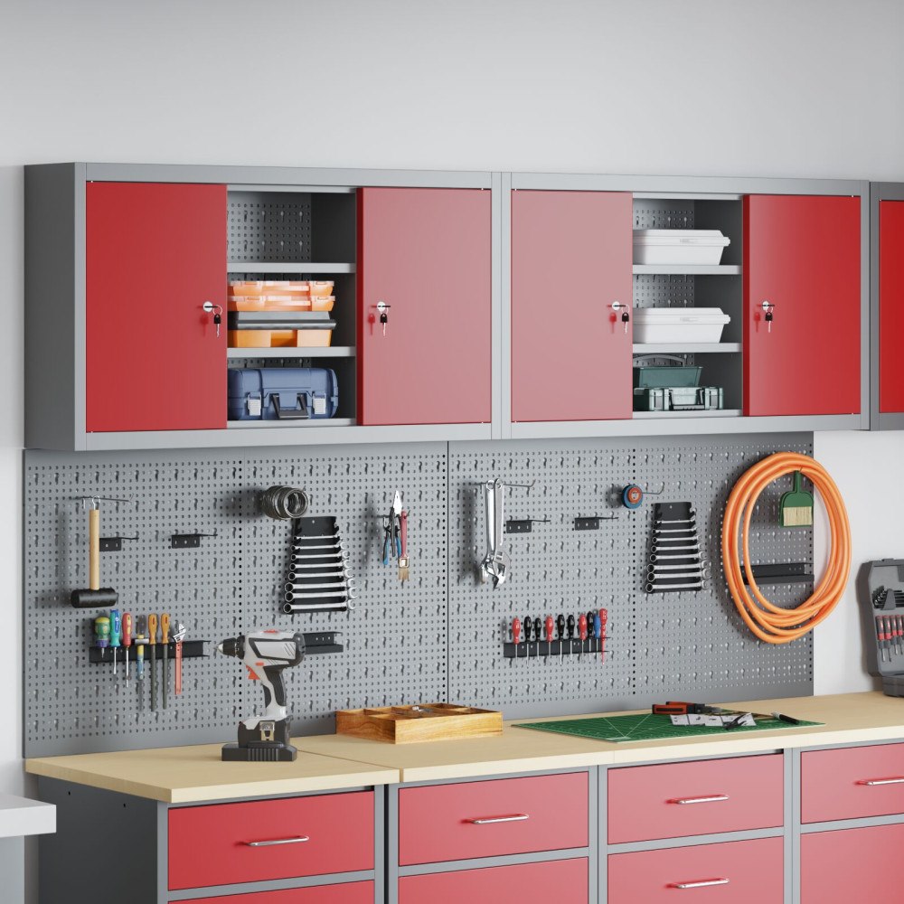 vidaXL 4 Delars Verktygsskåp och Pegboard Set Väggmonterat Röd Metall
