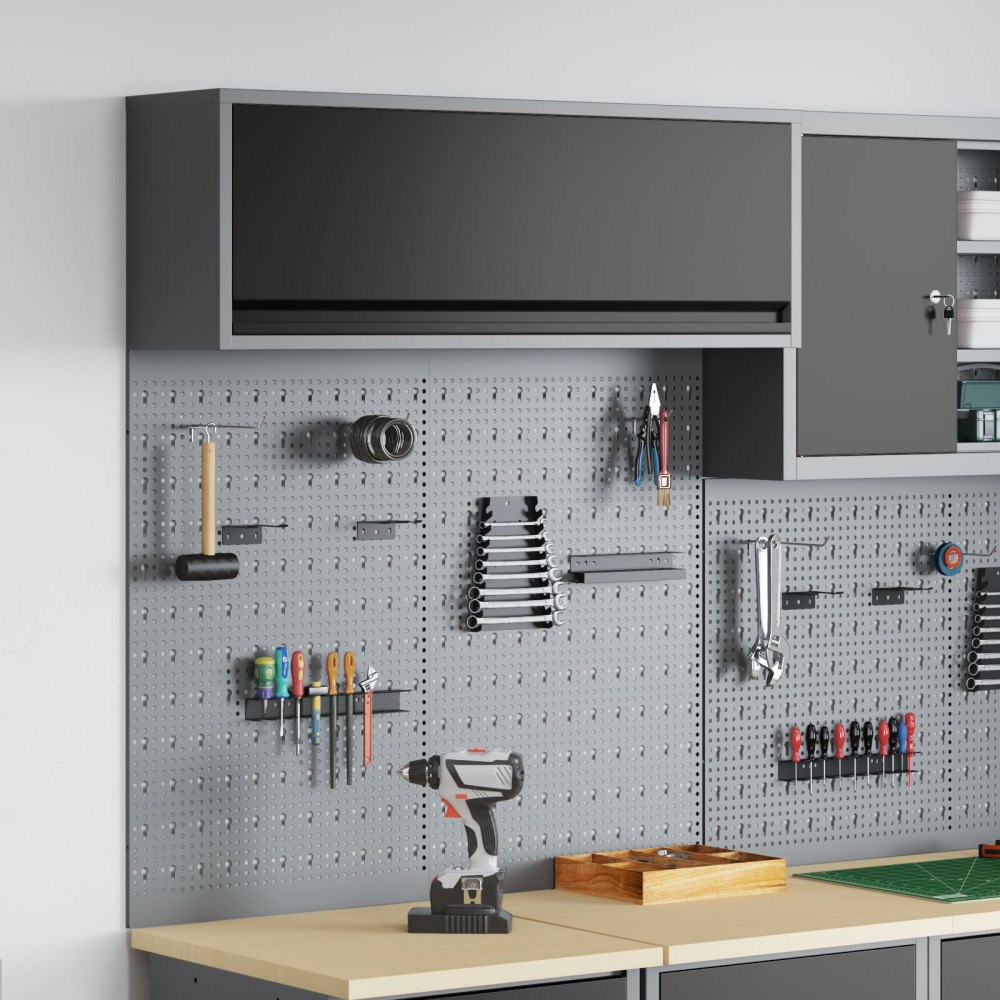 vidaXL 3-delat Verktygsskåp och Pegboard Set Väggmonterat Svart Metall