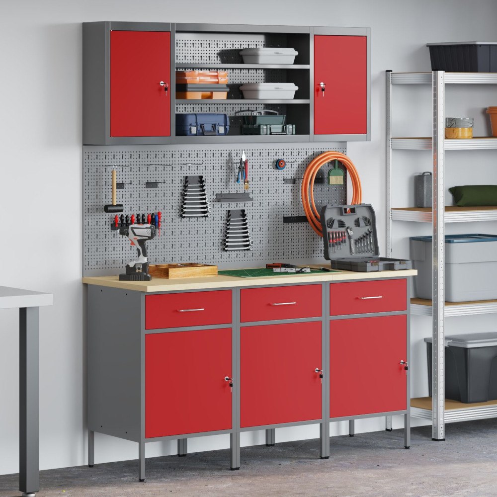 vidaXL Arbetsbänk Set Set av 7 Röd och Grå Stål 150 x 55 x 200 cm