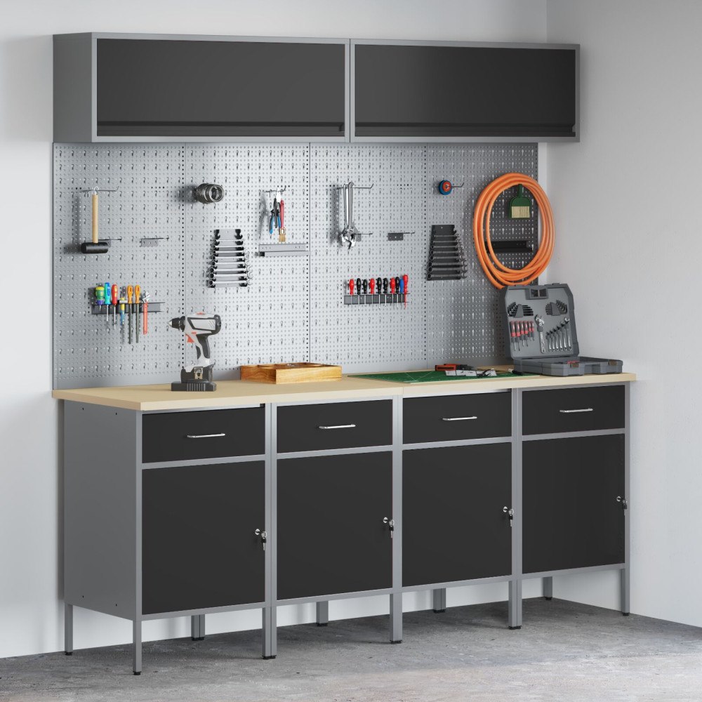 vidaXL 10-delars arbetskabinet och pegboard-set svart MDF och metall