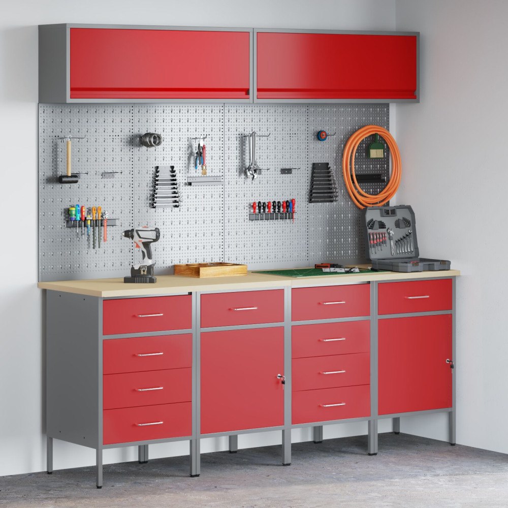 vidaXL 10-delars arbetskabinet och pegboard-set i röd MDF och metall