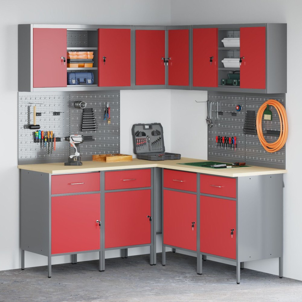 vidaXL 12-delars arbetskabinet och pegboard-set i röd MDF och metall