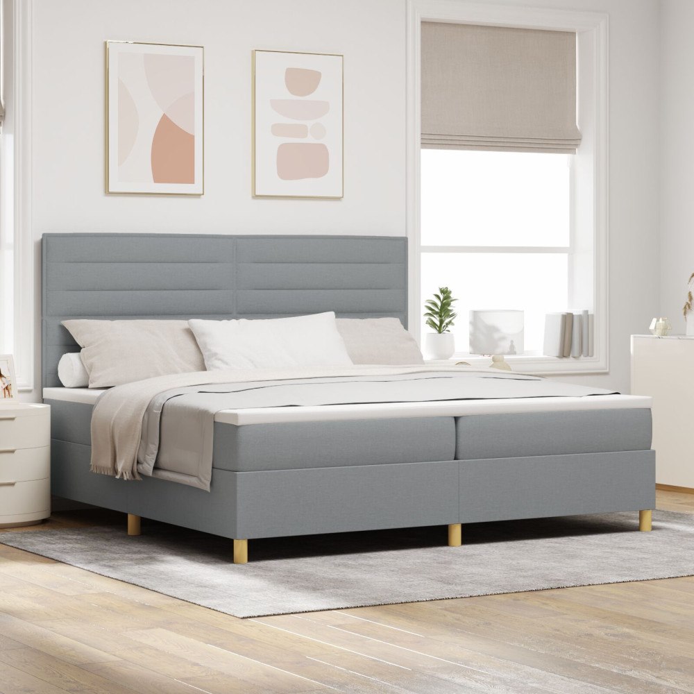 vidaXL Bäddfjäder med madrass med huvudgavel Ljusgrå 200 x 200 cm tyg