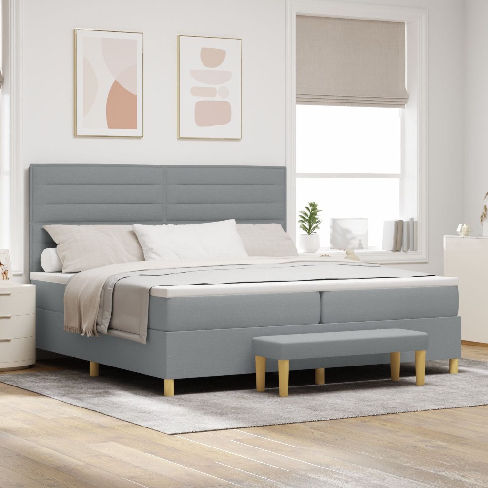 vidaXL Bäddfjäder med madrass med huvudgavel Ljusgrå 200 x 200 cm tyg