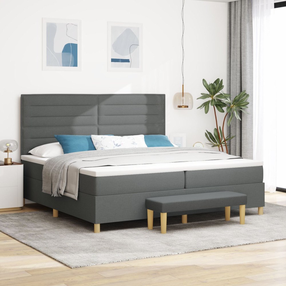 vidaXL Bäddfjäder med madrass med huvudgavel Mörkgrå 200 x 200 cm tyg