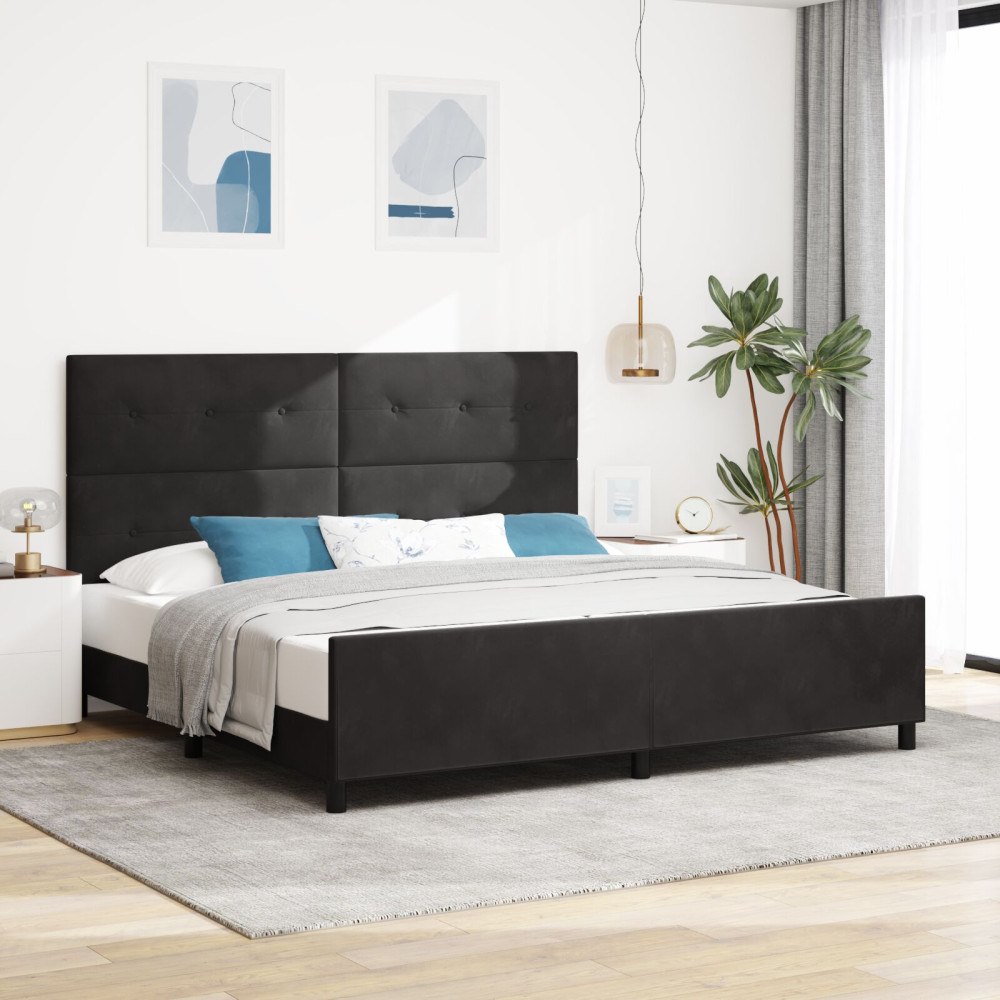 vidaXL Bäddfjäder med huvudgavel Svart 200 x 200 cm Sammet