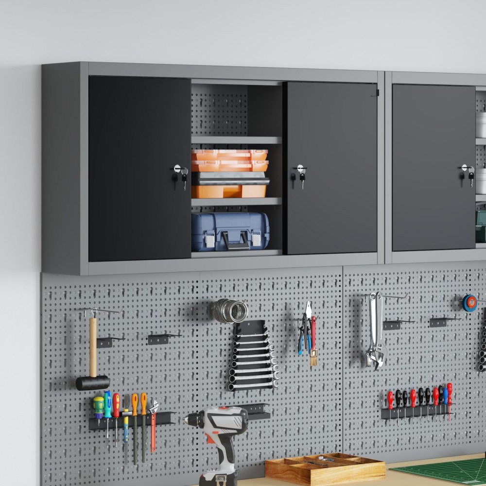 vidaXL Verktygsskåp Väggmonterat med Pegboard Svart 100x20x55 cm Stål
