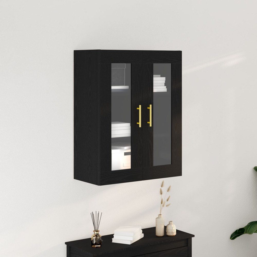 vidaXL Väggmonterat skåp med glasdörrar svart ek 69,5x34x90 cm