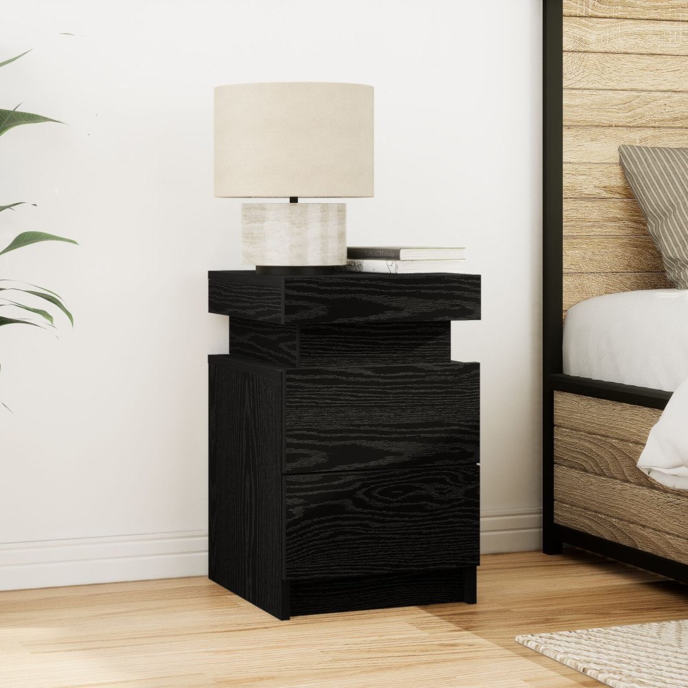 vidaXL Sängbord med LED-lampor Svart Ek 35x39x55 cm