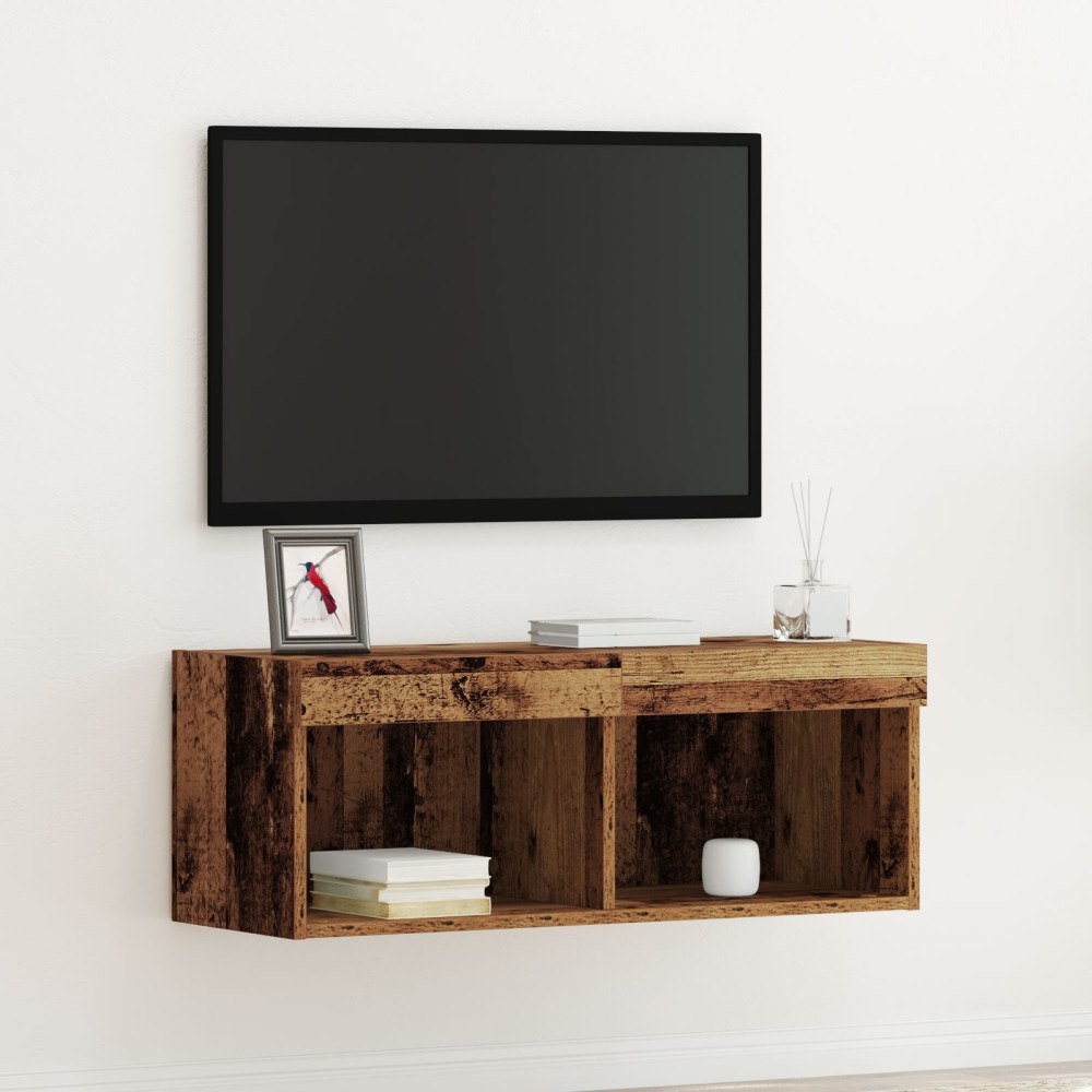 vidaXL TV-väggskåp med LED-lampor, gammalt trä, 80x30x30 cm