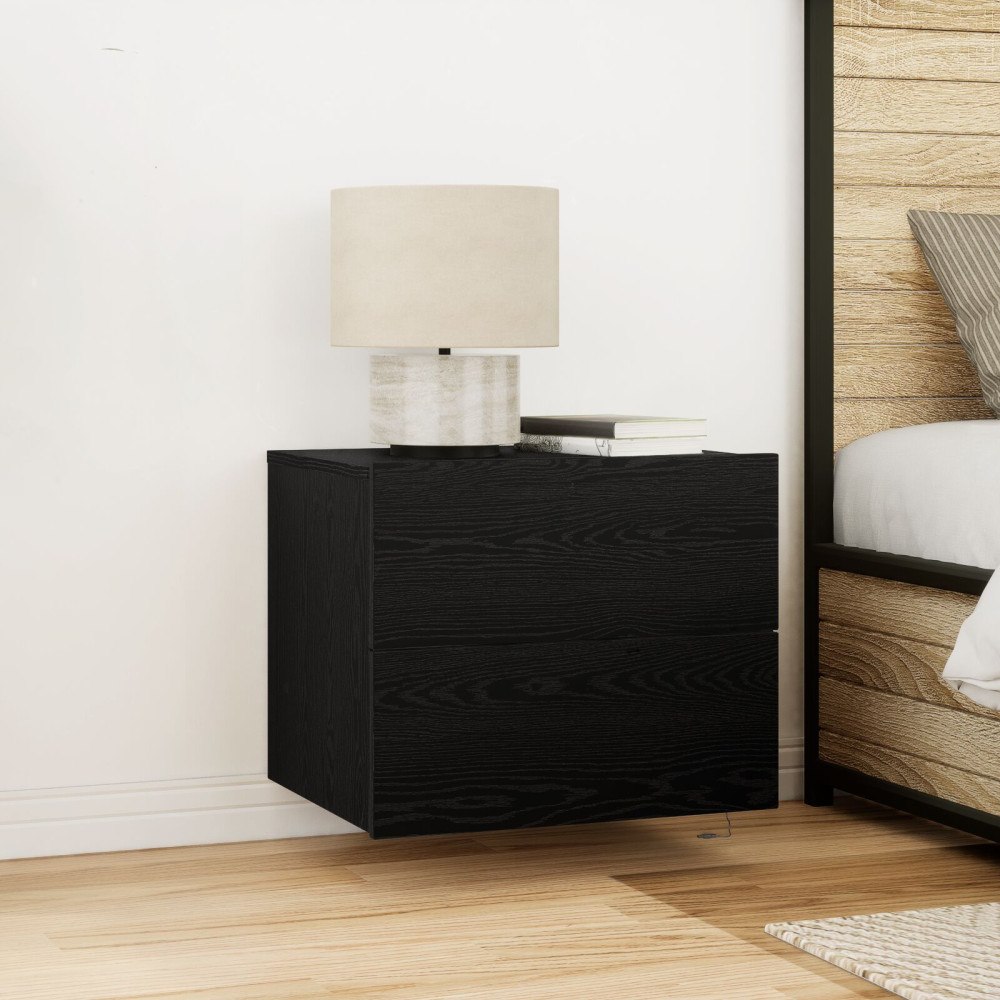 vidaXL Sängbord med LED-lampor väggmonterat svart ek 50x39x41 cm