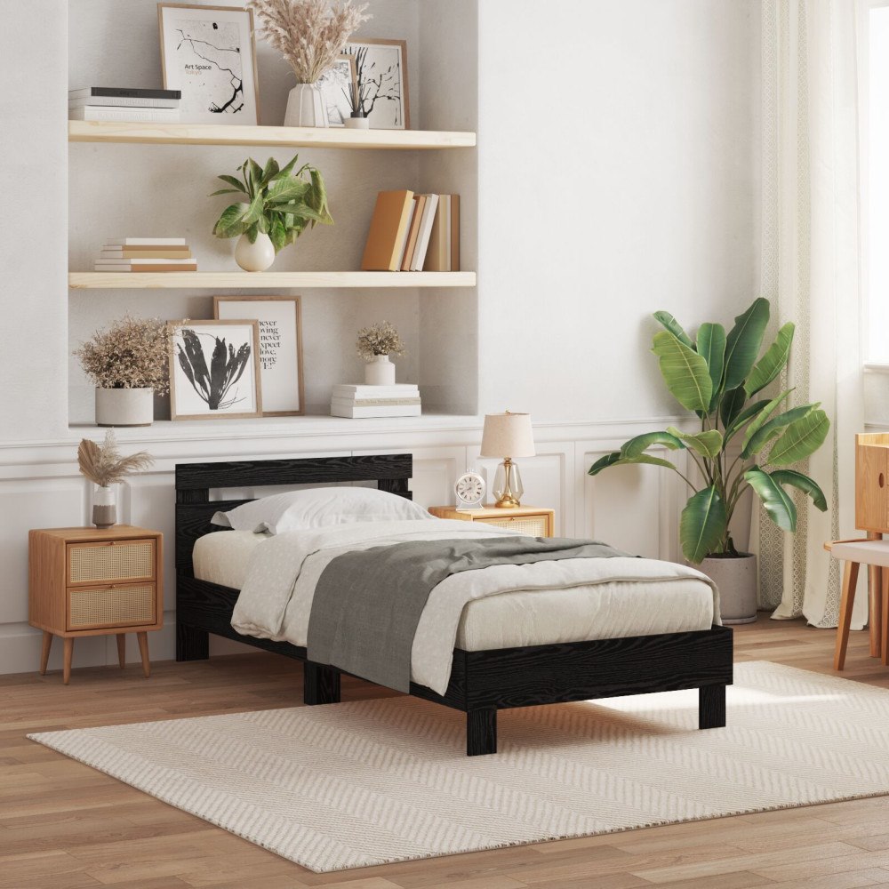 vidaXL Sängram med huvudgavel Svart Ek 75 x 190 cm Konstruerat trä