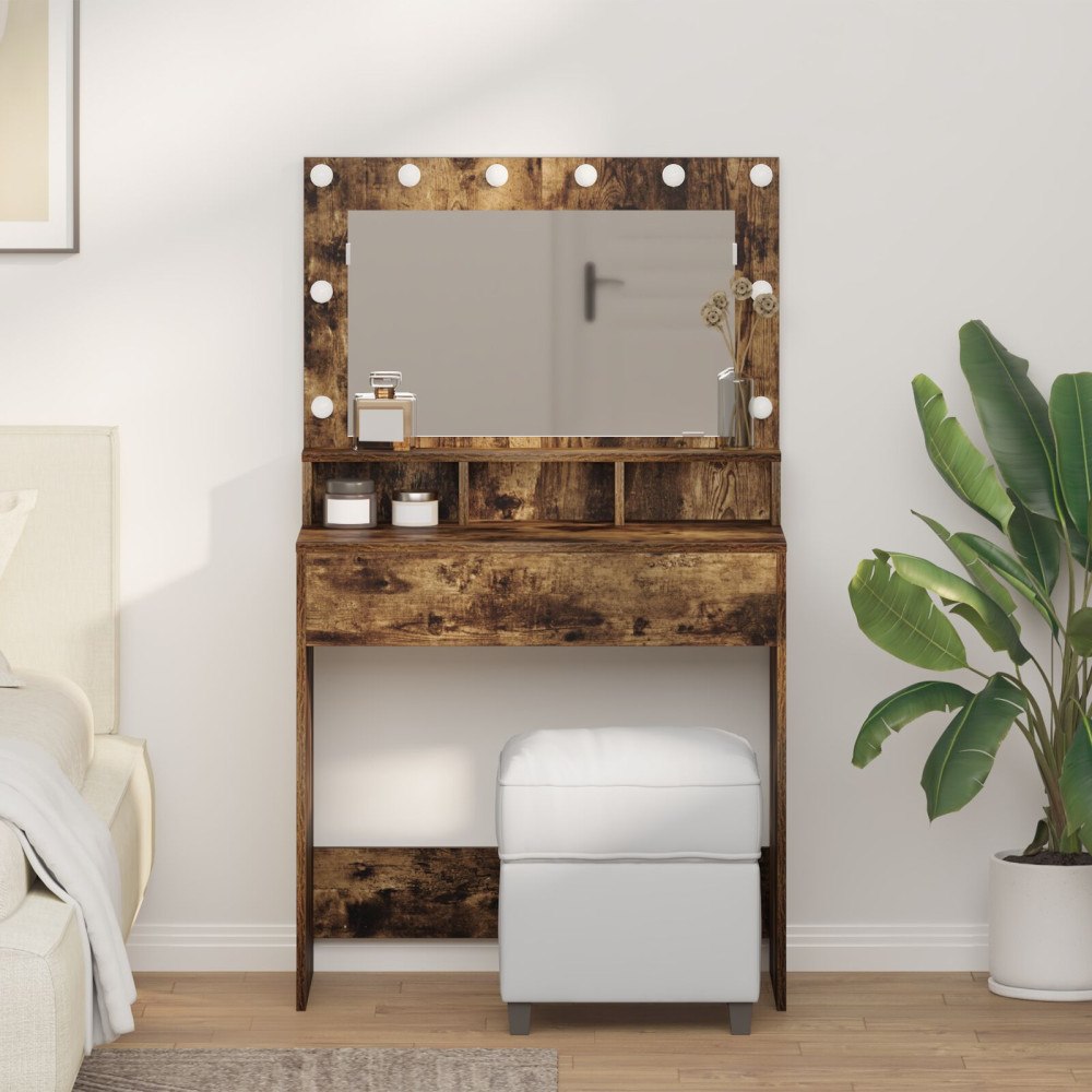 vidaXL Sminkbord med LED-lampor rökt ek 79x41x135 cm