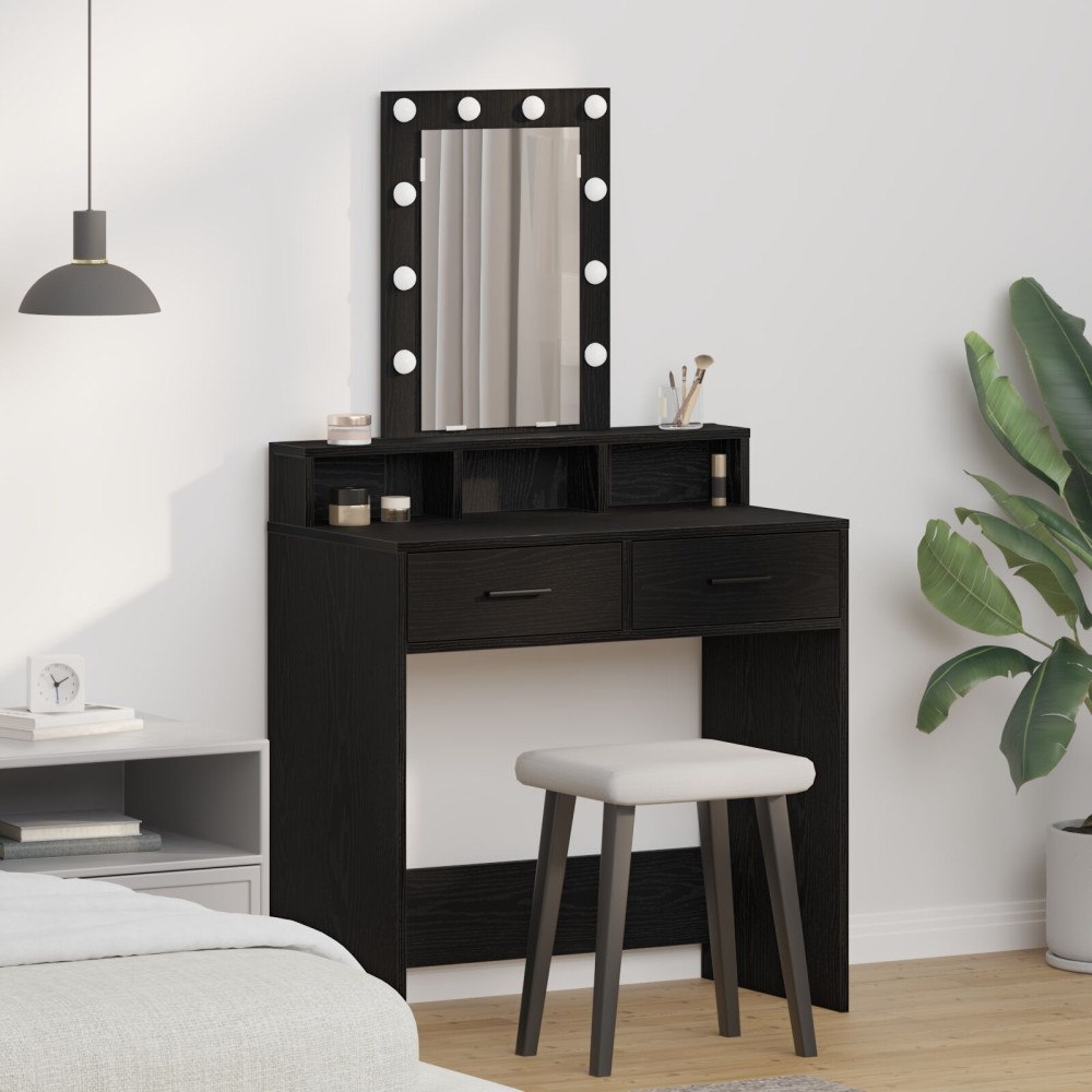 vidaXL Sminkbänk med LED-lampor svart ek 79x41x140 cm