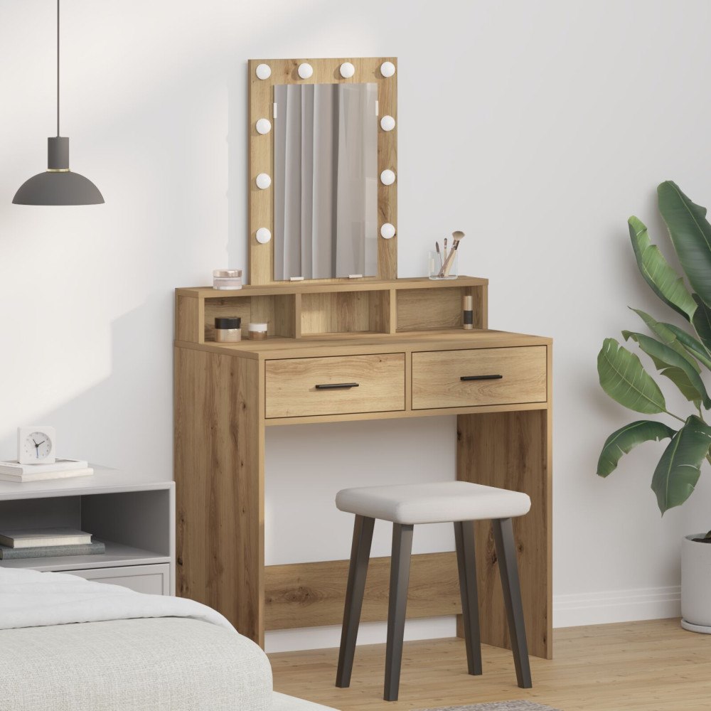 vidaXL Sminkbord med LED-lampor artisan ek 79x41x140 cm