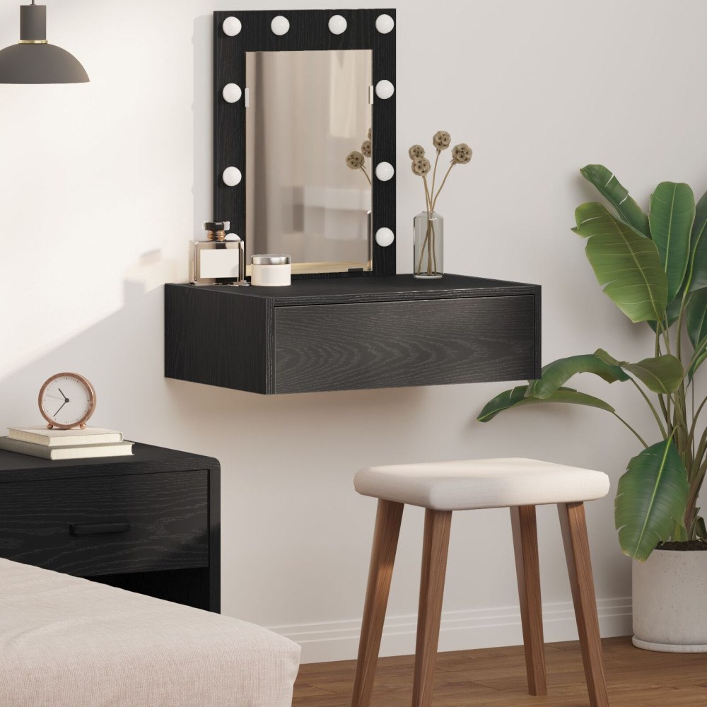 vidaXL Väggmonterat sminkbord med LED-lampor svart ek