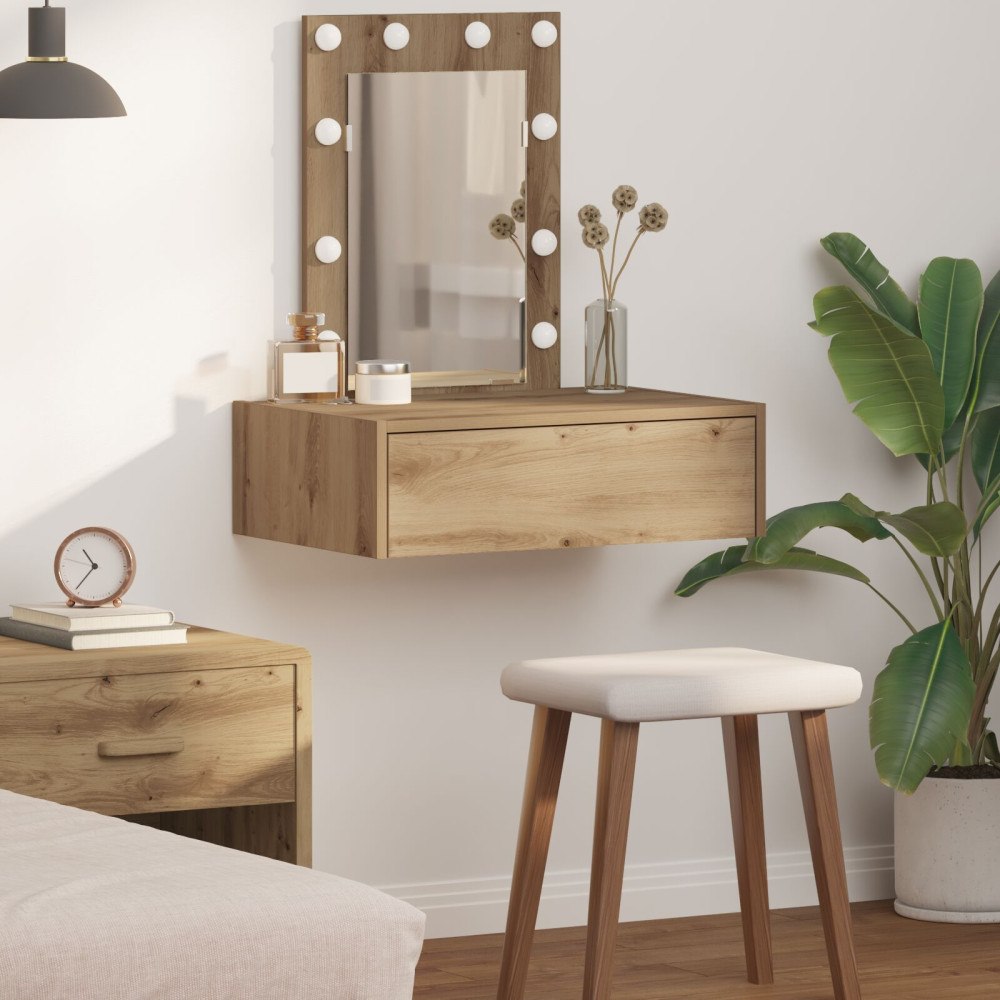 vidaXL Väggmonterat sminkbord med LED-lampor artisan ek