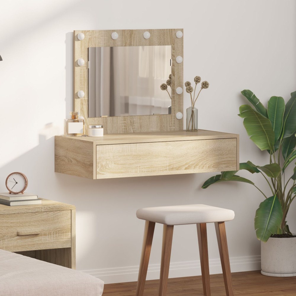 vidaXL Väggmonterat sminkbord med LED-lampor sonoma ek