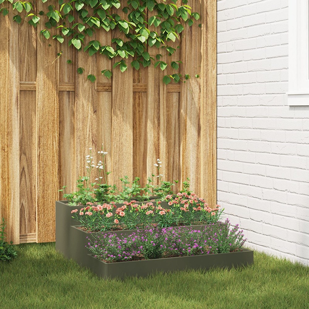 vidaXL Planteringslåda för utomhus 3-skikt 90x90x35 cm olivgrön stål