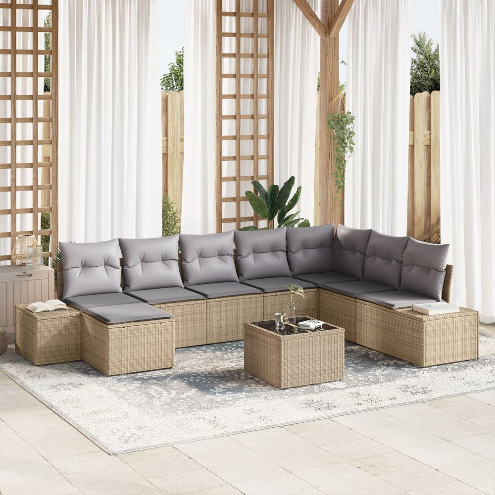 vidaXL Trädgårdsoffset 9 st Beige konstrotting