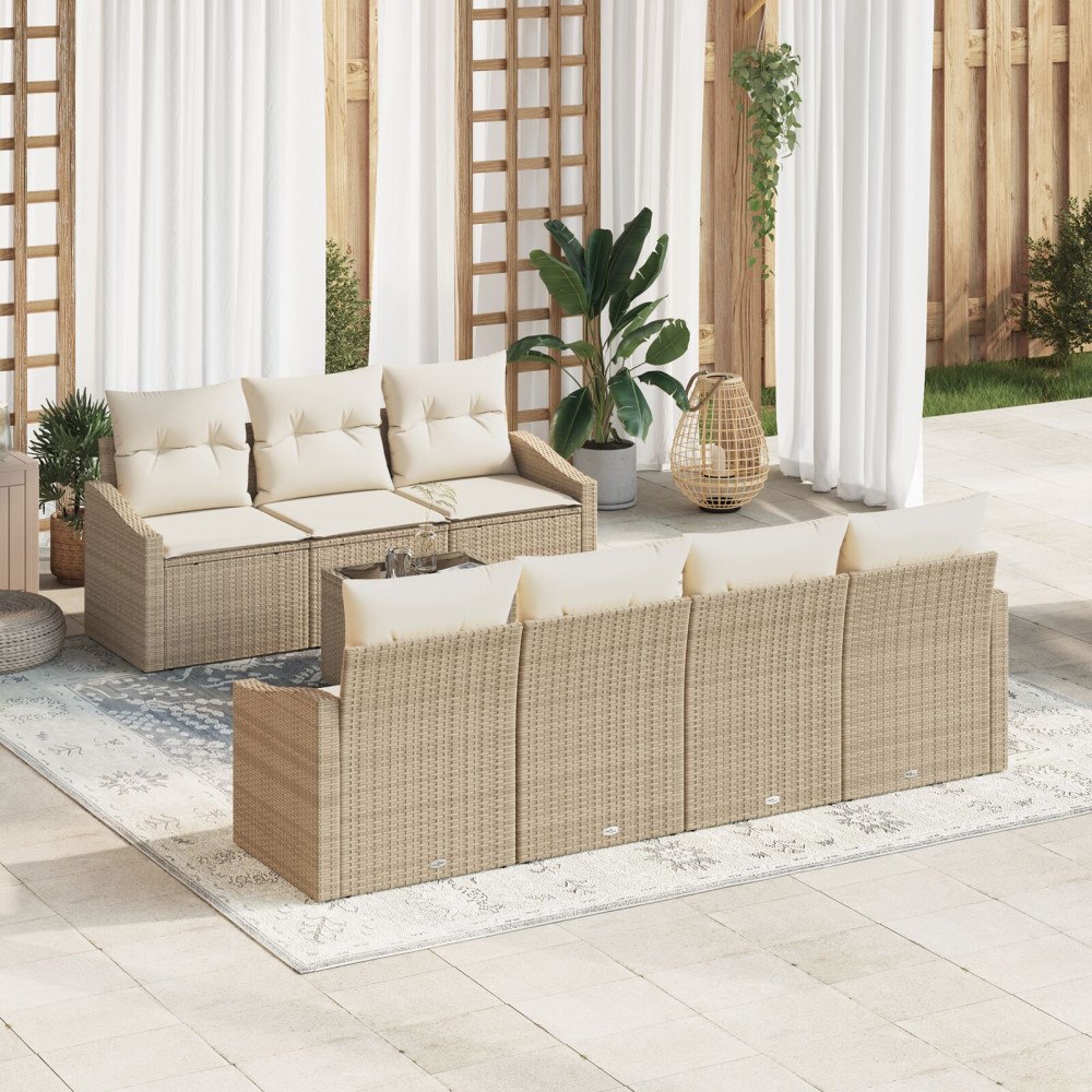vidaXL 8 Delars Trädgårdsmatbordset med Kuddar Beige Poly Rattan