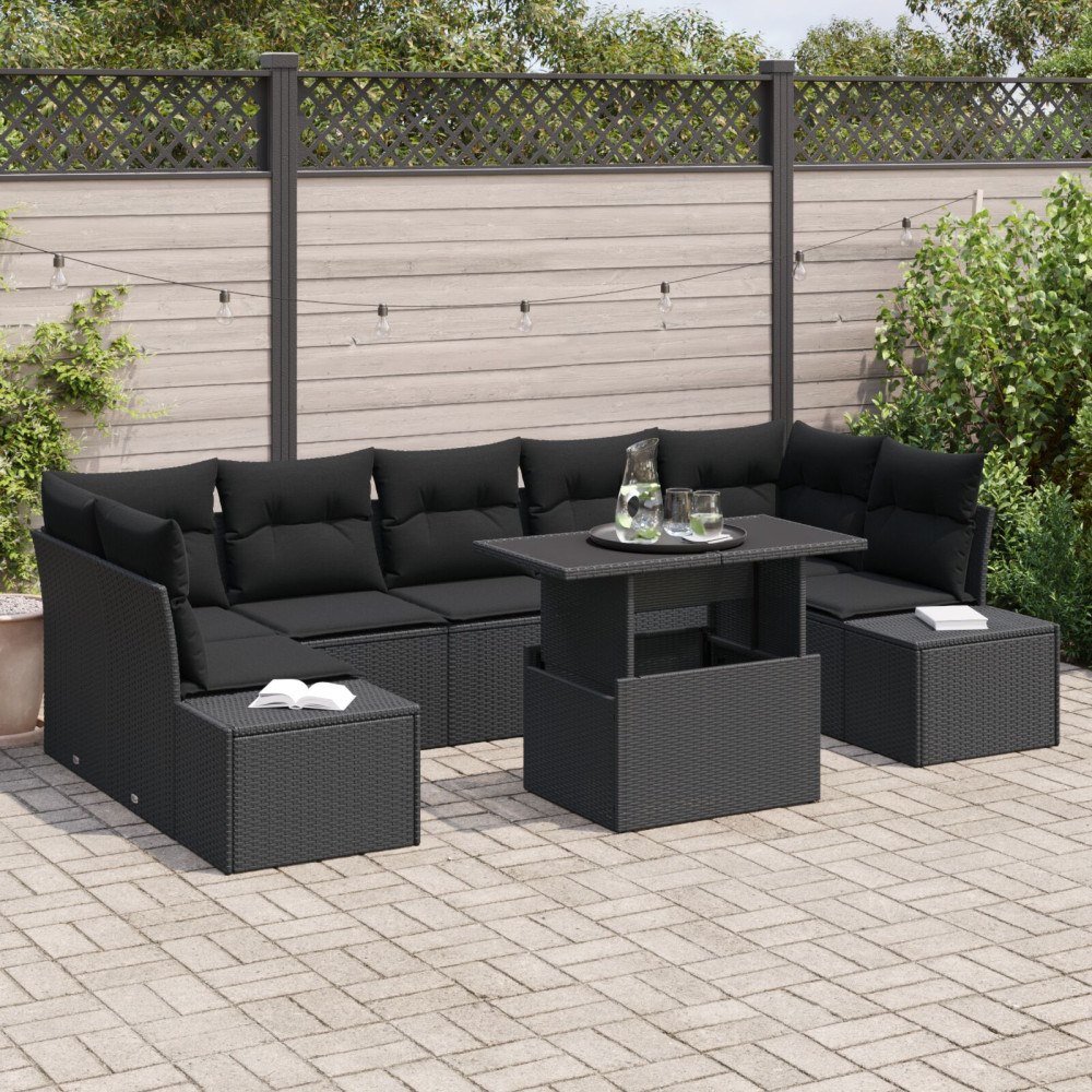 vidaXL Trädgårdsoffset 8 st Svart Poly Rattan och Pulverlackerad Stål