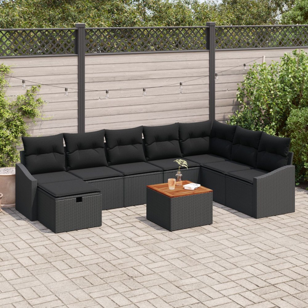 vidaXL Trädgårdsoffset 9 st Svart Poly rattan