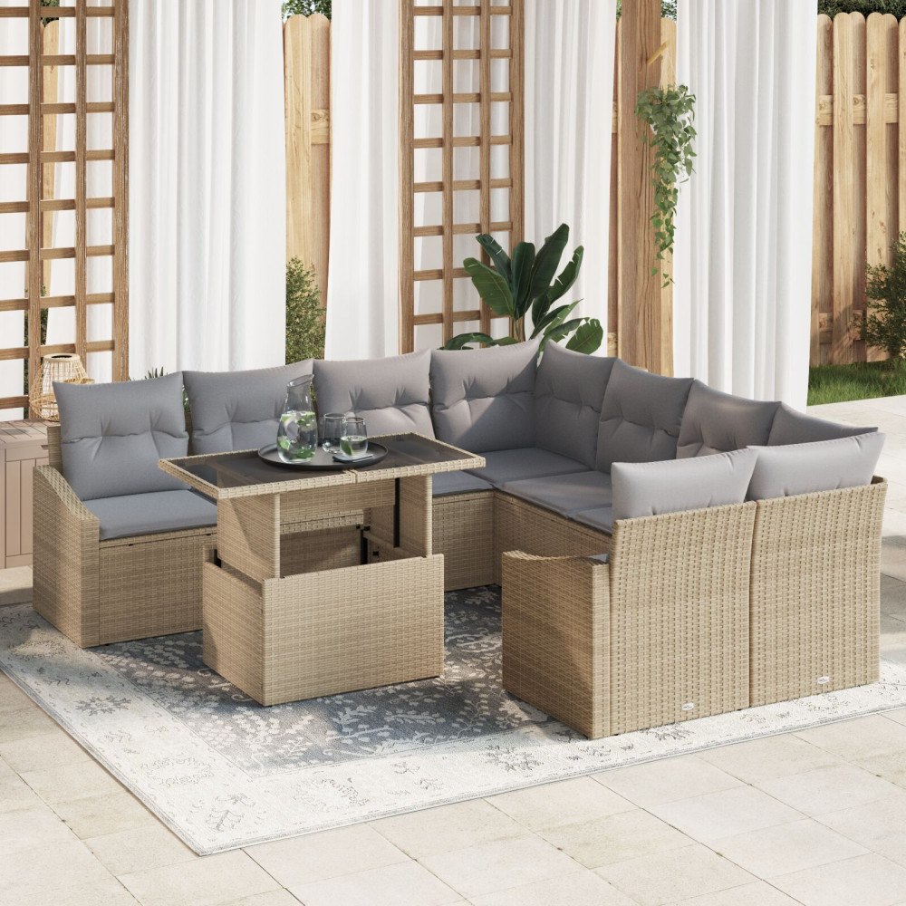 vidaXL Trädgårdsoffset 9 st Beige konstrotting