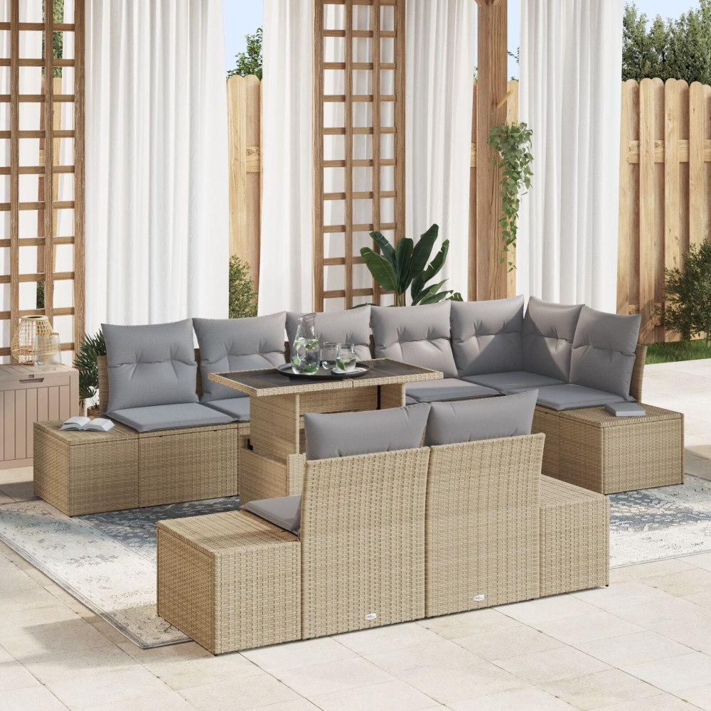 vidaXL Trädgårdsoffset 9 st Beige konstrotting