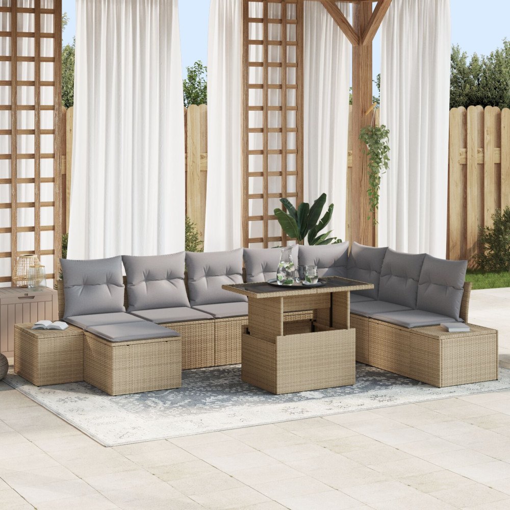 vidaXL Trädgårdsoffset 9 st Beige konstrotting