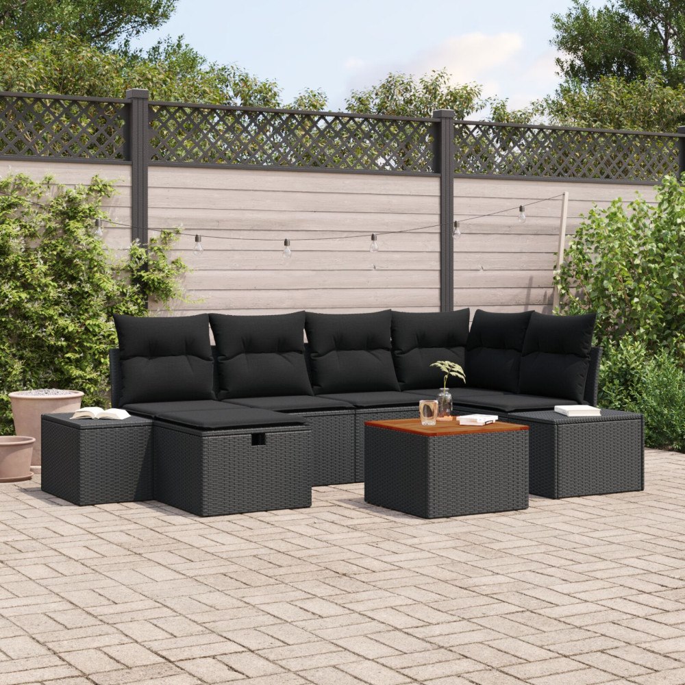 vidaXL Trädgårdsoffset 7 st Svart Poly rattan