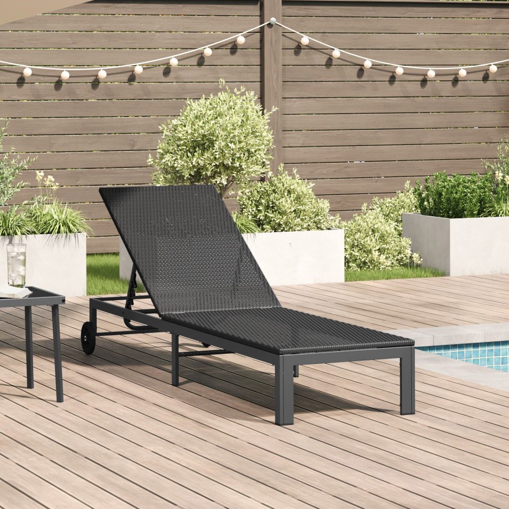vidaXL Solstol med hjul Svart Poly Rattan