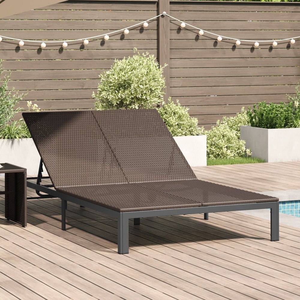 vidaXL Solbädd med Kuddar och Hjul för 2 Personer Brun Poly Rattan